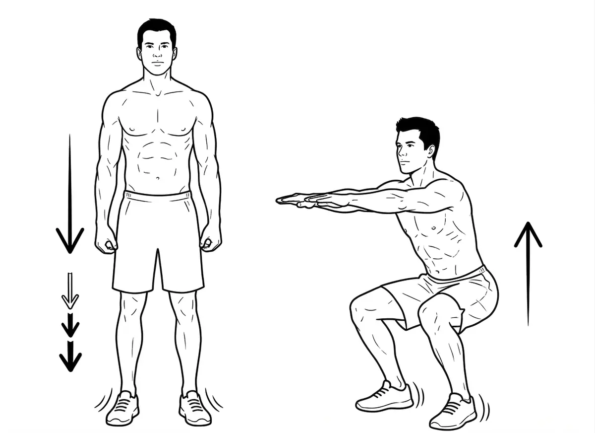 Illustration of a slow bodyweight squat with standing and lowered positions.